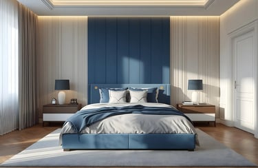 Blue highlights on the headboard and bedding create a serene, stylish haven.