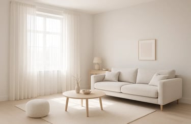 Living room in Soft White + Light Grey Color Combination