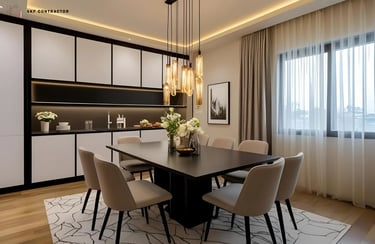 Modern dining room featuring a black table, beige chairs, and elegant pendant lighting.