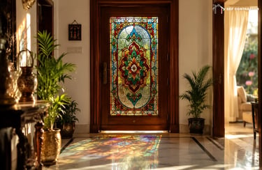 Elegant wooden entryway door featuring a colorful stained glass floral design with sunlight reflections.