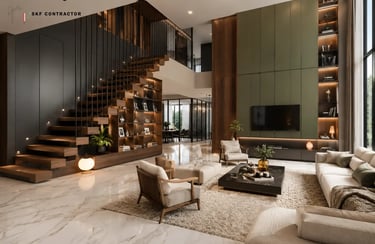 Modern luxury living room featuring a floating wooden staircase, green accent wall, and marble flooring.