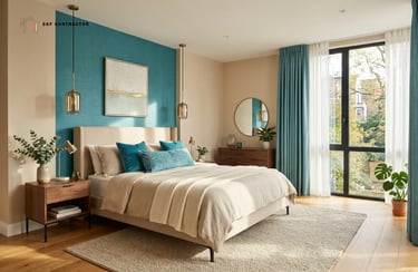Modern bedroom interior featuring a teal accent wall, king-size bed, and elegant gold pendant lighting.