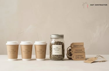 Eco-friendly branded paper coffee cups, a glass tea jar, and craft paper product tags on a neutral background.
