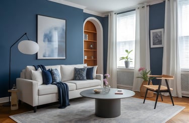 Living room in Midnight Blue + Soft White Color Combination