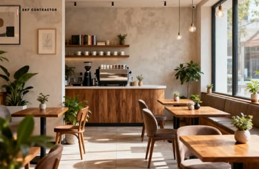 Modern minimalist cafe interior with wooden tables, espresso machine, and green indoor plants in natural light.
