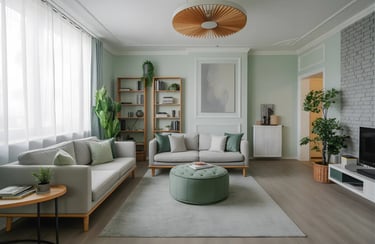 Living room in Mint Green + Grey Color Combination