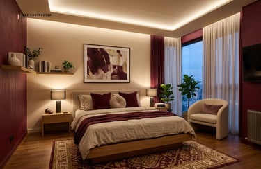 Modern luxury bedroom interior featuring warm cove lighting, burgundy accents, and elegant wood furniture.