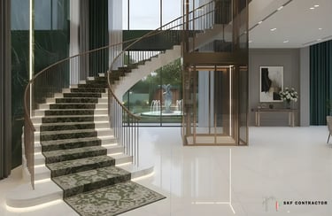 Luxury home interior featuring a modern marble spiral staircase and a glass elevator in a grand foyer.