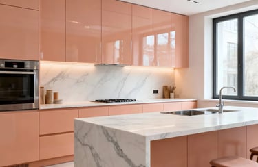 You can also bring in peach by using this colour on your backsplash or tall unit