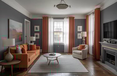 Living room in Burnt Orange + Slate Grey Color Combination
