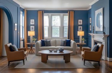 Living room in Cobalt Blue + Tan Color Combination
