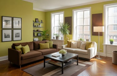 Living room in Chocolate Brown + Lime Green Color Combination