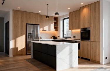 Modern minimalist kitchen with light wood cabinets, black island, and white marble countertops.