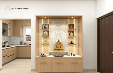 A veneer finish puja unit with storage drawers and cabinets