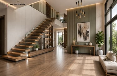 Modern luxury home interior featuring a floating wooden staircase with glass railings and wood flooring.