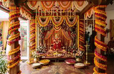 Hindu goddess Lakshmi statue adorned with marigold flowers for a traditional Indian festival.