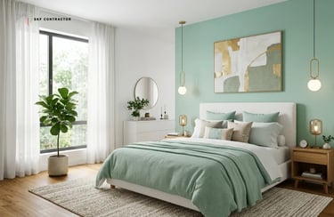 Modern master bedroom with sage green accent wall, white bedding, and gold lighting fixtures.