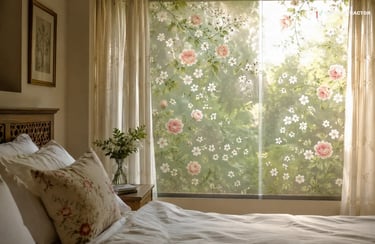 Elegant bedroom with floral decorative window film featuring pink roses and white blossoms.