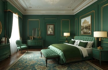 Best colour combination for bedroom featuring emerald tones and golden decor