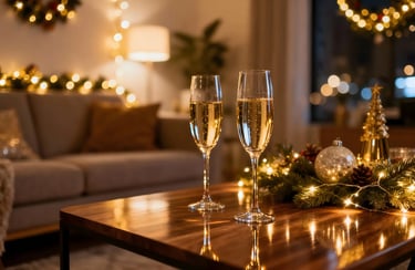 New Year decoration at home with shiny champagne glasses