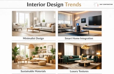 Four interior design trends featuring minimalist style, smart home technology, sustainable materials, and luxury textures.