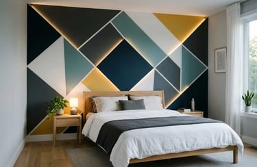 Modern bedroom with a geometric accent wall featuring integrated LED backlighting behind blue and gold panels.