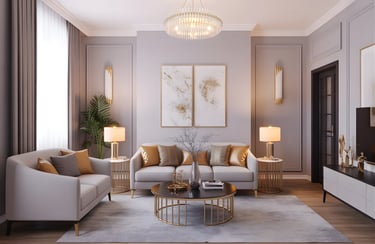 Living room in Gold + Grey Color Combination