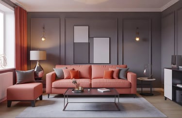 Living room in Slate Grey + Coral Color Combination