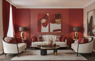 Living room in Ruby Red + Ivory Color Combination
