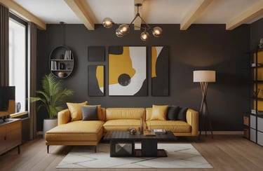 Living room in Mustard + Charcoal Color Combination