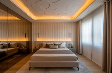 Bedroom PVC ceiling design with soft texture and ambient lighting