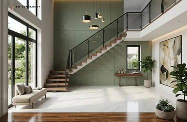 Modern luxury living room featuring a floating wood staircase with glass railings and a sage green accent wall.