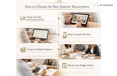 Guide on how to choose interior decorators including checking portfolios, reading reviews, and budget planning.