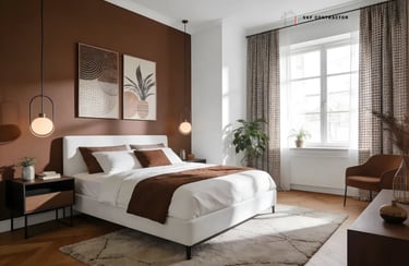 Modern bedroom interior with a white bed, terracotta accent wall, and elegant pendant lighting.