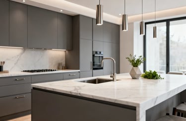 Modern gray kitchen featuring marble countertops, a large island with sink, and sleek pendant lighting.