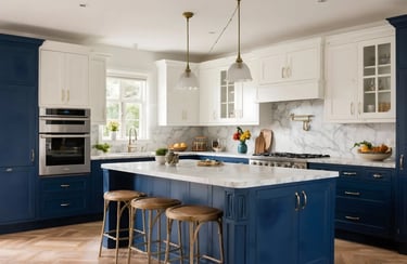 Navy Blue & Crisp White colors in kitchen