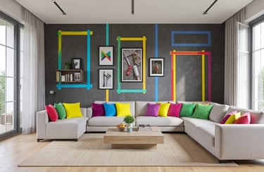 Modern living room with a large gray sectional sofa, colorful throw pillows, and vibrant wall art decor.