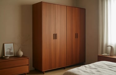 Teak wood wardrobe finish for a mellow aesthetic
