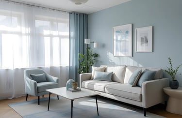 Living room in Soft Grey + Pastel Blue Color Combination