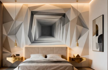 Modern bedroom with 3D geometric wallpaper, gold pendant lights, and luxury minimalist interior design.