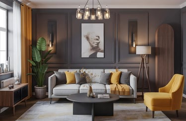 Living room in Charcoal Grey + Mustard Yellow Color Combination