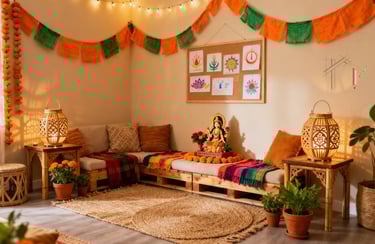 Navratri home decoration with Lakshmi statue, marigold garlands, and glowing bamboo lanterns.