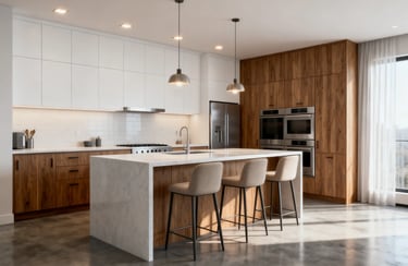 Modern luxury kitchen featuring white marble island, wood cabinets, and stainless steel appliances.