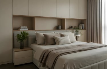 Hidden storage options add functionality without disrupting minimal aesthetics.