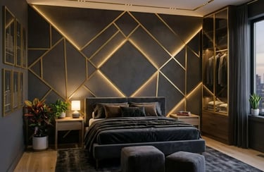 Modern luxury bedroom with geometric gold wall accents, ambient LED lighting, and a dark grey velvet bed.
