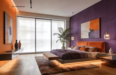 Modern luxury bedroom interior with purple walls, an orange velvet bed, and contemporary pendant lighting.
