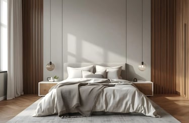 Bedroom wall colors blending soft grays with warm wood textures for calm interiors