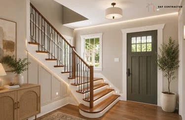 Modern home entryway featuring a wooden staircase with LED tread lighting and a green front door.