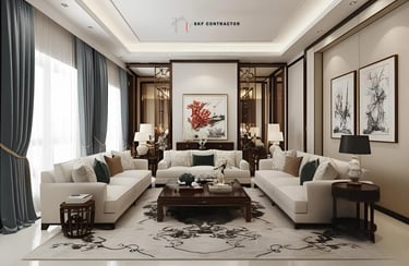 Luxury living room interior design with modern white sofas, abstract art, and elegant cove lighting.