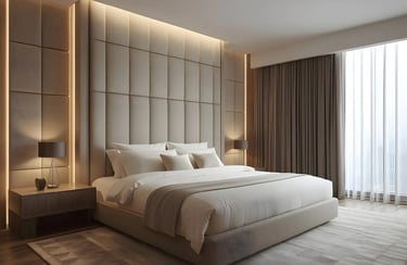 Oversized headboard becomes the focal point and adds depth.